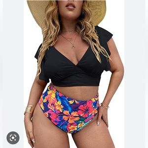 SPORLIKE Ruffle High Waist Swimsuit Two Pieces Push Up Tropical Print Bikini